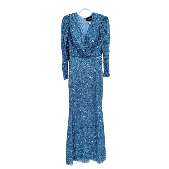 Mac Duggal 5510 Blue Women's Sequined Wrap Over Puff Long Sleeve Gown Size 4 - Picture 2 of 6